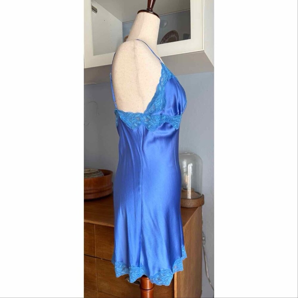 VTG Mary Green Silk Y2K Coquette Fairy Lace Trim Chemise Slip Dress M Blue - Picture 3 of 8